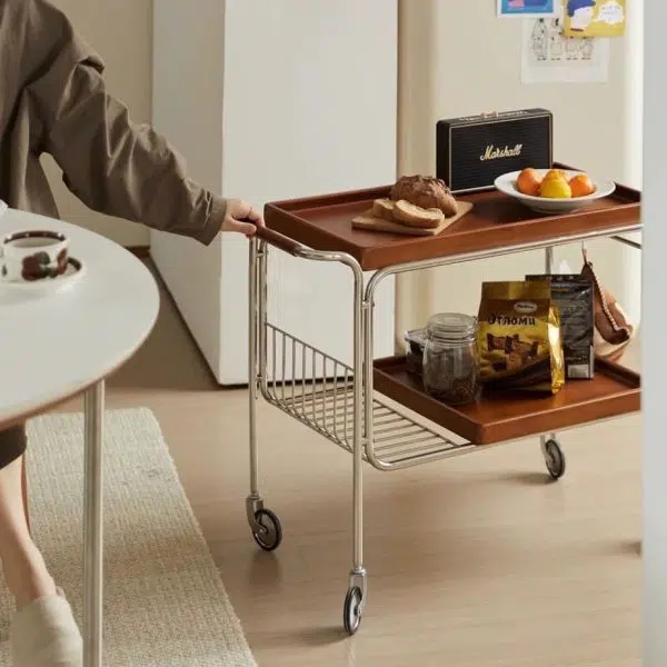 Contemporary Retro Rectangular Wooden Stainless Steel Dining Cart 2-Tier For Dining Room - Image 9