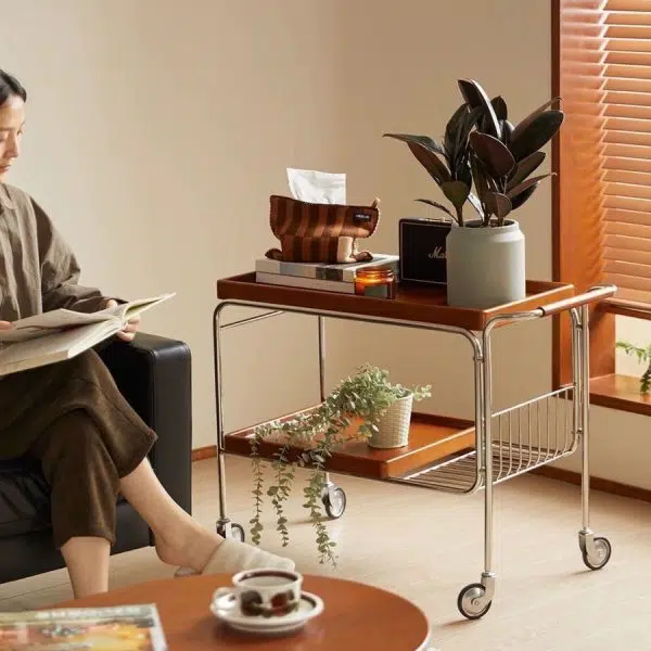 Contemporary Retro Rectangular Wooden Stainless Steel Dining Cart 2-Tier For Dining Room - Image 10