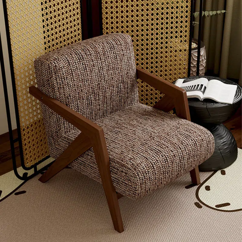 DFM-Chair-FH00339-1.jpg Traditional Vintage Rectangular Wood Fabric Accent Chair Backrest Armrest For Living Room - Image 1