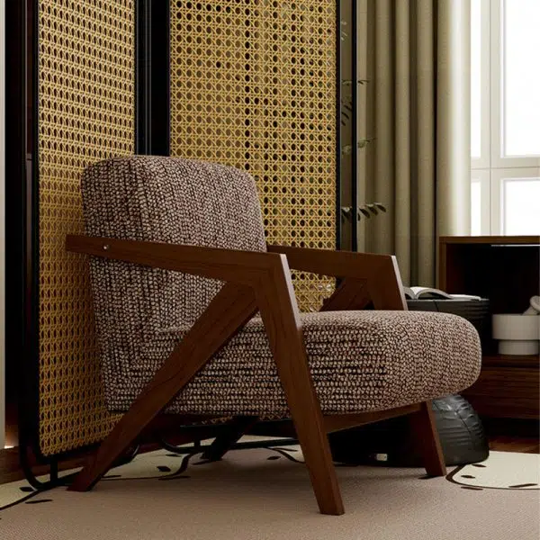 Traditional Vintage Rectangular Wood Fabric Accent Chair Backrest Armrest For Living Room - Image 12