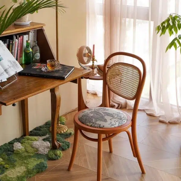 Contemporary Nordic Round Rattan Wood Fabric Chair Backrest Armless For Living Room - Image 2