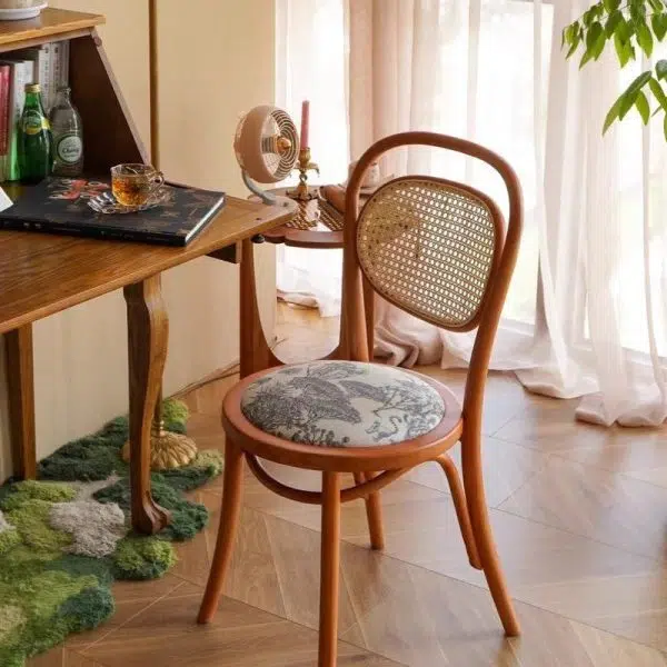 Contemporary Nordic Round Rattan Wood Fabric Chair Backrest Armless For Living Room - Image 3