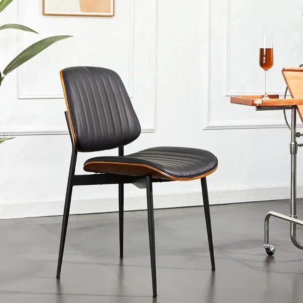 Modern Minimalist Rectangular Leather Wood Steel Chair Backrest Armless For Living Room - Image 3