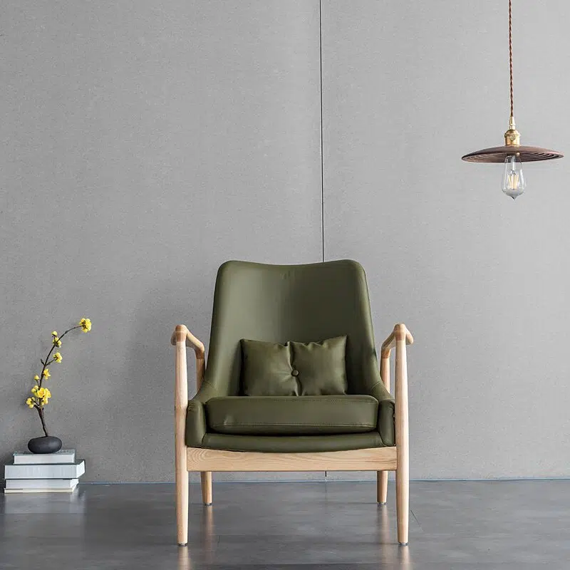 DFM-Chair-FH00395-10.jpg Contemporary Nordic Rectangular Wood Leather Accent Chair Backrest Armrest For Living Room - Image 1