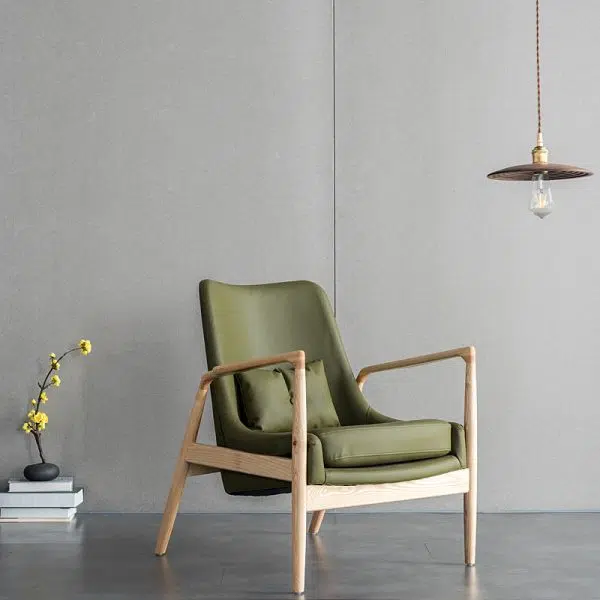 Contemporary Nordic Rectangular Wood Leather Accent Chair Backrest Armrest For Living Room - Image 2