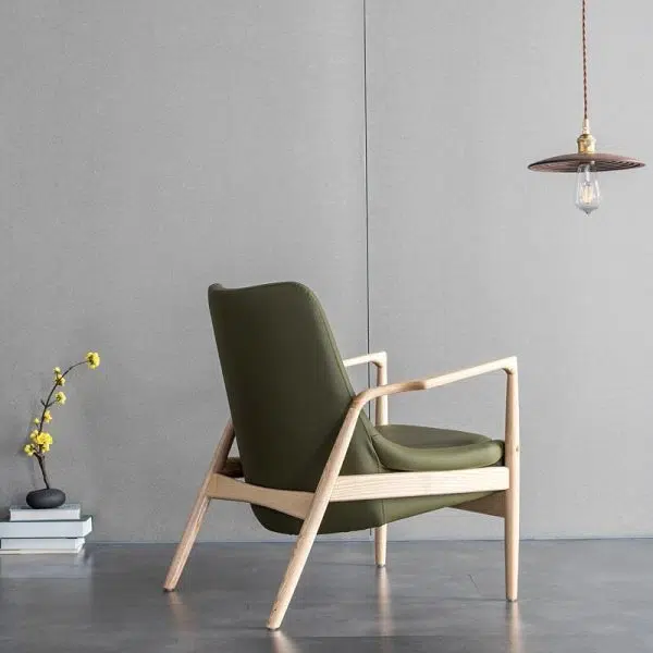 Contemporary Nordic Rectangular Wood Leather Accent Chair Backrest Armrest For Living Room - Image 11