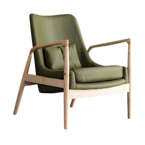 Contemporary Nordic Rectangular Wood Leather Accent Chair Backrest Armrest For Living Room - Image 12