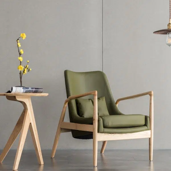 Contemporary Nordic Rectangular Wood Leather Accent Chair Backrest Armrest For Living Room - Image 3