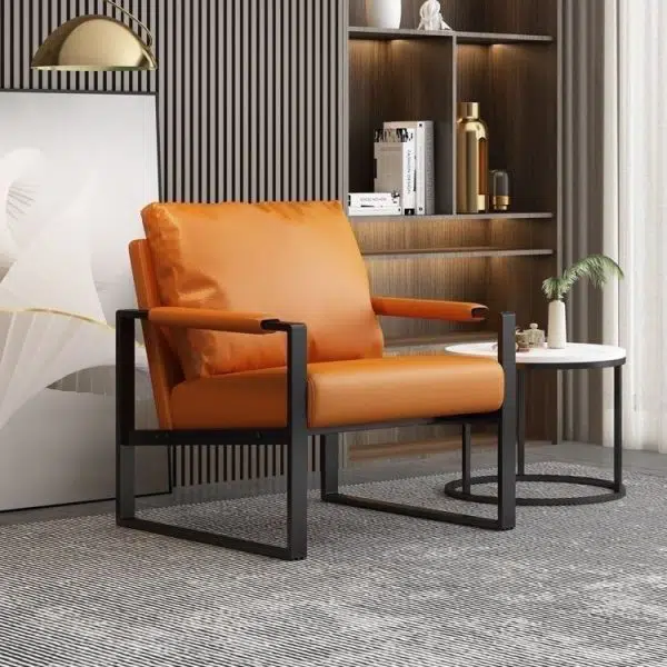 Modern Minimalist Rectangular Iron Leather Accent Chair Backrest Armrest For Living Room - Image 12