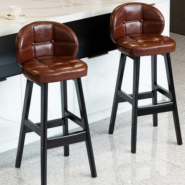 Contemporary Luxury Round Fabric Oil Wax Leather Rubber Wood Bar Stool Low Back Footrest For Dining Room - Image 10