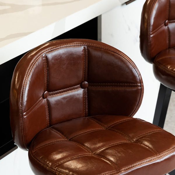 Contemporary Luxury Round Fabric Oil Wax Leather Rubber Wood Bar Stool Low Back Footrest For Dining Room - Image 5