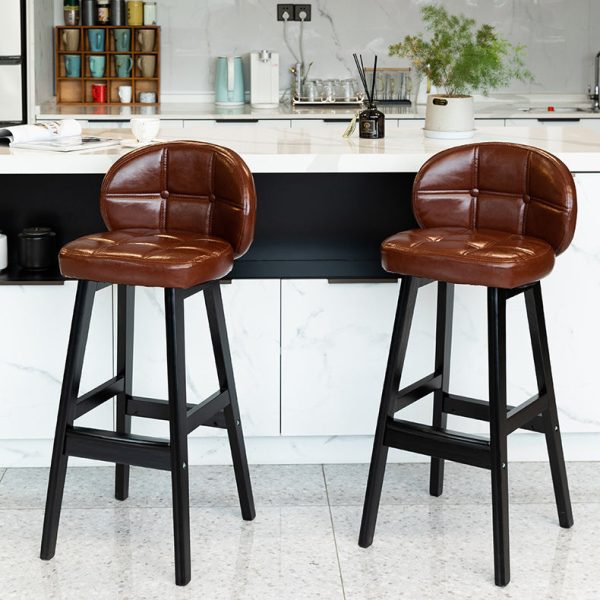 Contemporary Luxury Round Fabric Oil Wax Leather Rubber Wood Bar Stool Low Back Footrest For Dining Room - Image 9