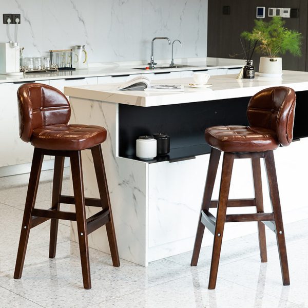 Contemporary Luxury Round Fabric Oil Wax Leather Rubber Wood Bar Stool Low Back Footrest For Dining Room - Image 2