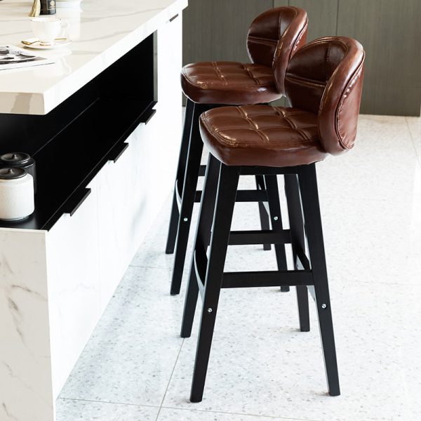 Contemporary Luxury Round Fabric Oil Wax Leather Rubber Wood Bar Stool Low Back Footrest For Dining Room - Image 12