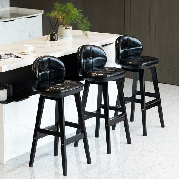 Contemporary Luxury Round Fabric Oil Wax Leather Rubber Wood Bar Stool Low Back Footrest For Dining Room - Image 3