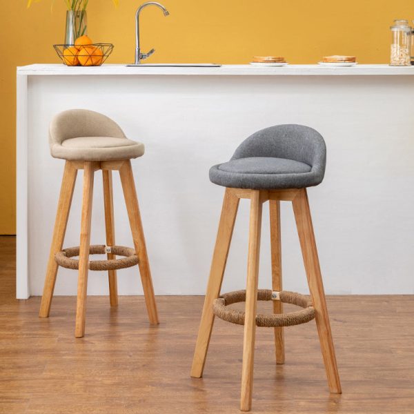 Contemporary Nordic Round Rubber Wood Rotatable Low Back Upholstered Bar Stool Footrest For Dining Room - Image 2
