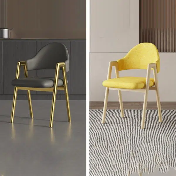 Contemporary Luxury Curved Pana Leather Linen Upholstered Metal Dining Chair Backrest Armrest For Dining Room - Image 21