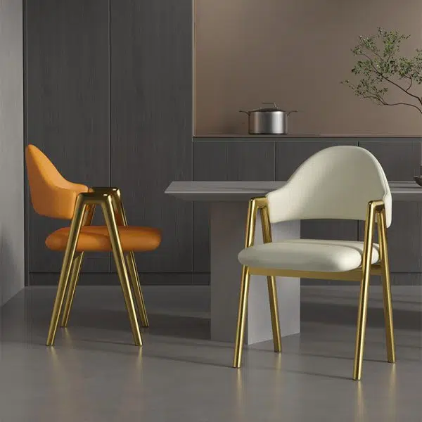 Contemporary Luxury Curved Pana Leather Linen Upholstered Metal Dining Chair Backrest Armrest For Dining Room - Image 11