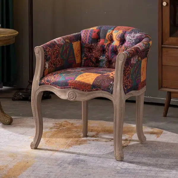 Traditional Vintage Fabric Solid Wood Square Half Round Accent Chair Backrest Armrest For Living Room