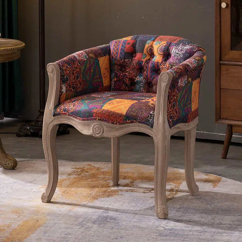 DFM-Chair-FJ00202-11.jpg Traditional Vintage Fabric Solid Wood Square Half Round Accent Chair Backrest Armrest For Living Room - Image 1