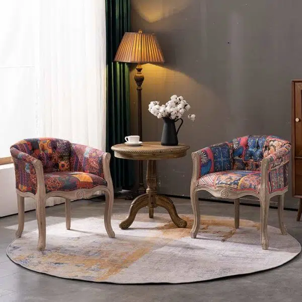 Traditional Vintage Fabric Solid Wood Square Half Round Accent Chair Backrest Armrest For Living Room - Image 3