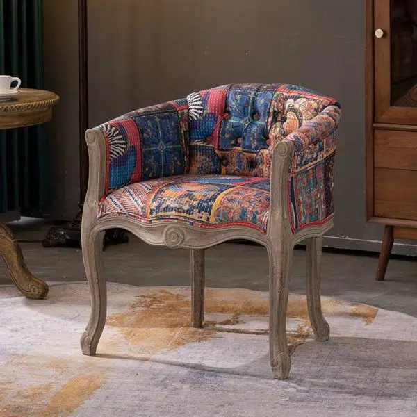 Traditional Vintage Fabric Solid Wood Square Half Round Accent Chair Backrest Armrest For Living Room - Image 4