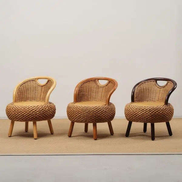 Modern Minimalist Rattan Wood Round Chair Backrest Armless For Living Room - Image 16