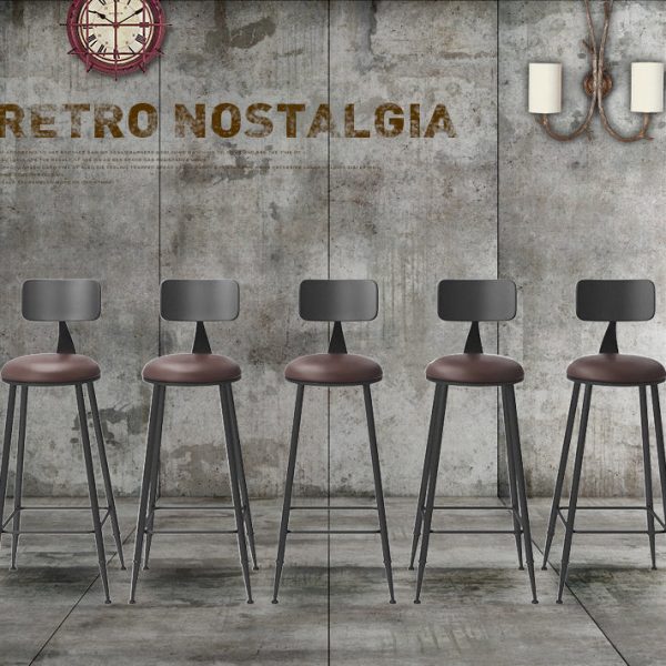 Contemporary Industrial Round Faux Leather Upholstered Bar Stool Backrest Footrest For Dining Room - Image 4