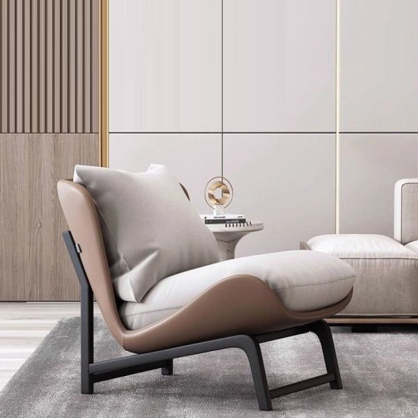 Modern Minimalist Leather Carbon Steel Square Rectangular Curved Accent Chair Backrest Footrest For Living Room - Image 9