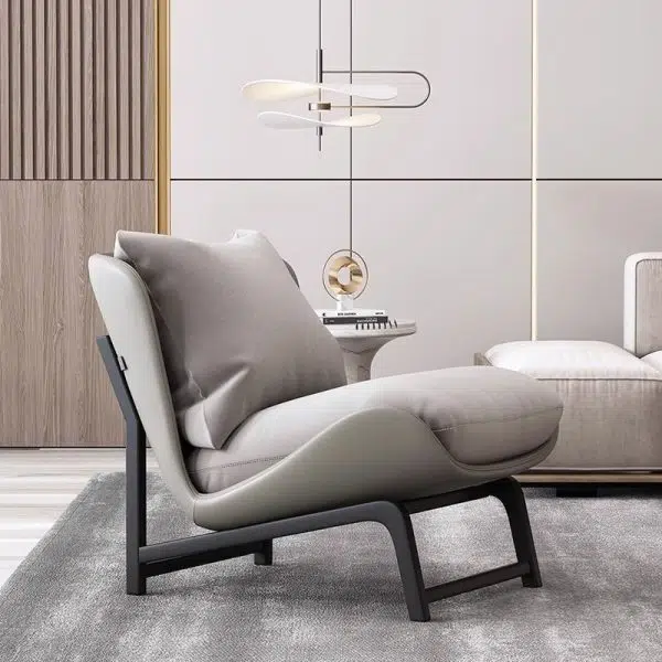 Modern Minimalist Leather Carbon Steel Square Rectangular Curved Accent Chair Backrest Footrest For Living Room - Image 7