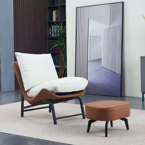 Modern Minimalist Leather Carbon Steel Square Rectangular Curved Accent Chair Backrest Footrest For Living Room - Image 6