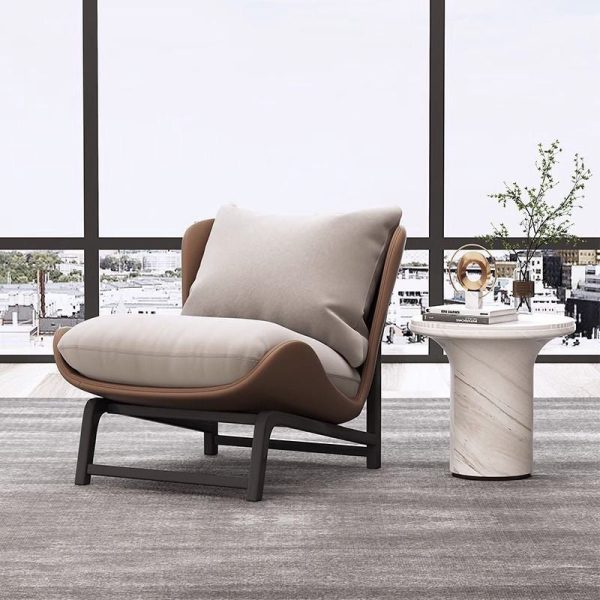 Modern Minimalist Leather Carbon Steel Square Rectangular Curved Accent Chair Backrest Footrest For Living Room - Image 8