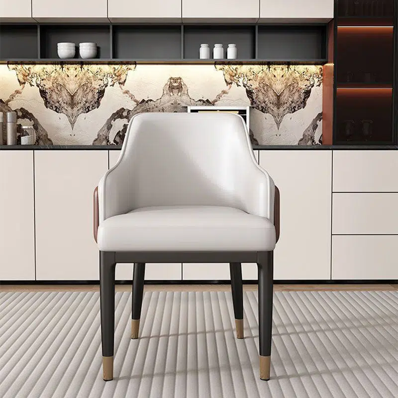 DFM-Chair-FL02842-11.jpg Contemporary Luxury Leather Upholstered Iron Legs Dining Chair Backrest Armrest For Dining Room - Image 1