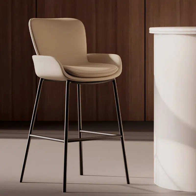 DFM-Chair-FL03822-11.jpg Contemporary Scandinavian Square Leather Iron High Legs Bar Stool Low Back Footrest For Dining Room - Image 1