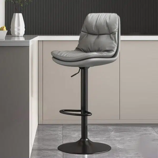 Contemporary Luxury Leather Upholstered Round Metal Base Height Adjustable Swivel Bar Stool Footrest For Dining Room - Image 2