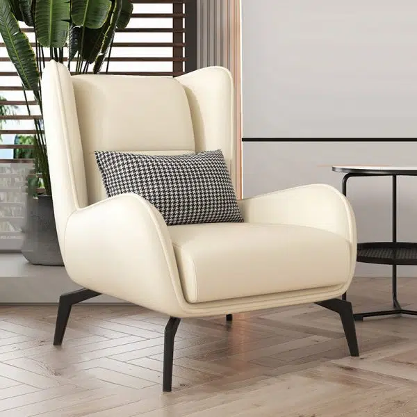 Contemporary Scandinavian Nappa Leather Upholstered Accent Chair Wingback Flared Arm For Living Room - Image 3