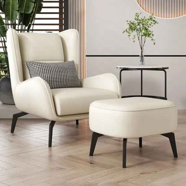 Contemporary Scandinavian Nappa Leather Upholstered Accent Chair Wingback Flared Arm For Living Room - Image 9