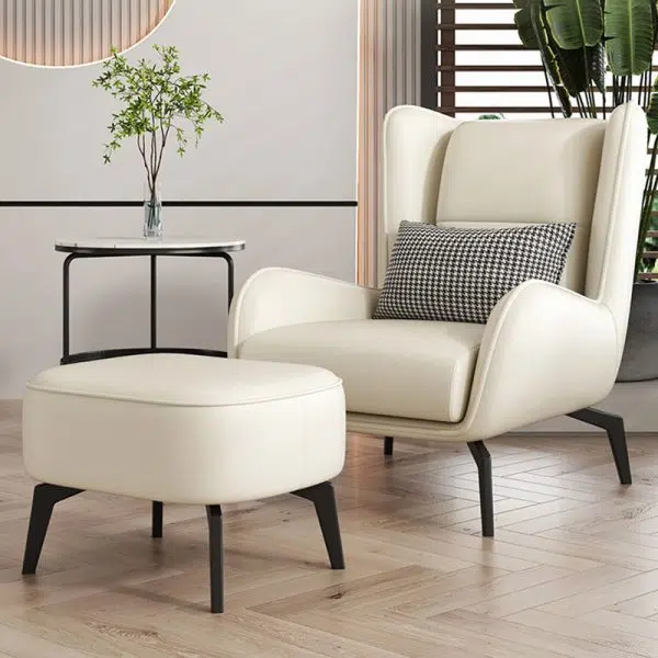 Contemporary Scandinavian Nappa Leather Upholstered Accent Chair Wingback Flared Arm For Living Room - Image 10