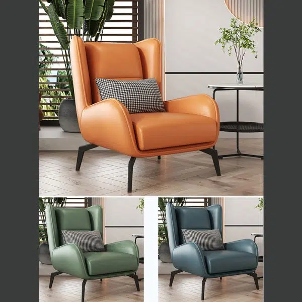 Contemporary Scandinavian Nappa Leather Upholstered Accent Chair Wingback Flared Arm For Living Room - Image 11