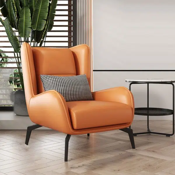 Contemporary Scandinavian Nappa Leather Upholstered Accent Chair Wingback Flared Arm For Living Room