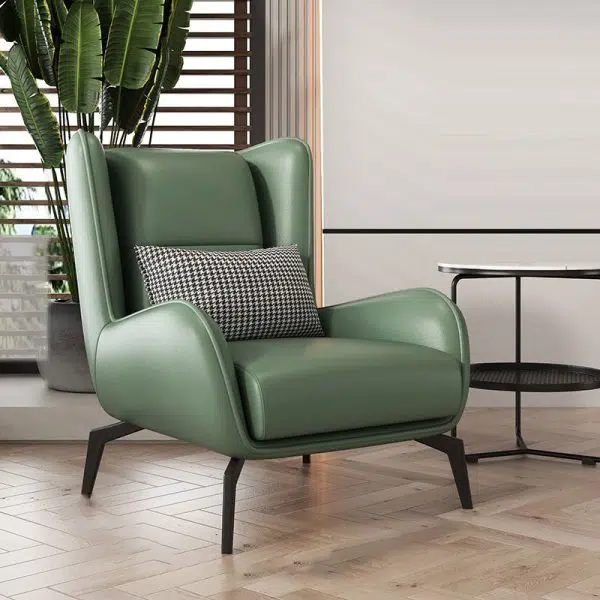 Contemporary Scandinavian Nappa Leather Upholstered Accent Chair Wingback Flared Arm For Living Room - Image 2