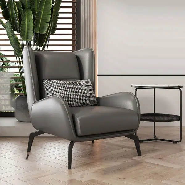 Contemporary Scandinavian Nappa Leather Upholstered Accent Chair Wingback Flared Arm For Living Room - Image 6