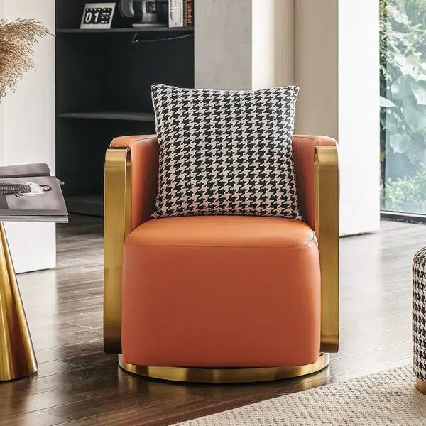 Contemporary Scandinavian Round Nappa Leather Swivel Accent Chair Backrest For Living Room - Image 2