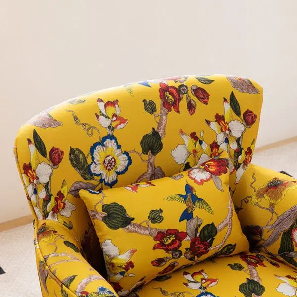 Traditional French Flower Patterned Fabric Upholstered Solid Wood Accent Chair Backrest Armrest For Living Room - Image 5