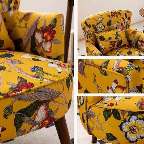 Traditional French Flower Patterned Fabric Upholstered Solid Wood Accent Chair Backrest Armrest For Living Room - Image 4