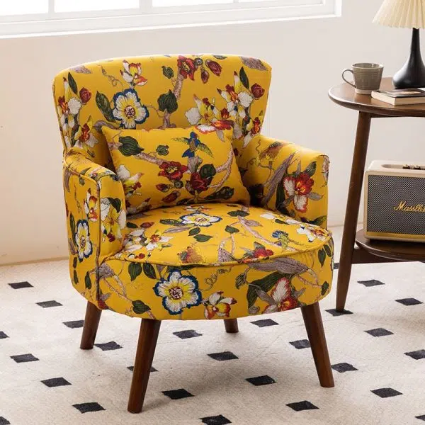 Traditional French Flower Patterned Fabric Upholstered Solid Wood Accent Chair Backrest Armrest For Living Room - Image 2