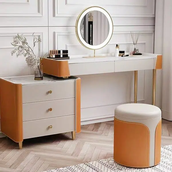 Contemporary Luxury Round Leather Metal Vanity Stool For Bedroom