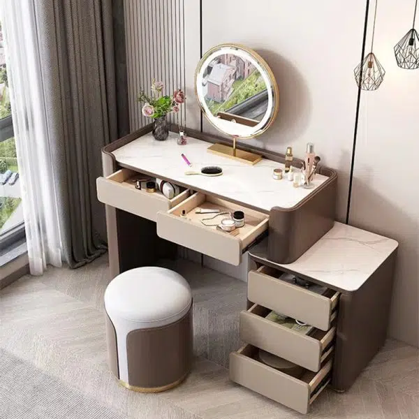 Contemporary Luxury Round Leather Metal Vanity Stool For Bedroom - Image 2