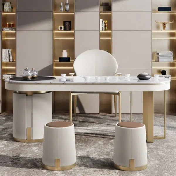 Contemporary Luxury Round PU Leather Upholstered Metal Vanity Stool For Bedroom - Image 2