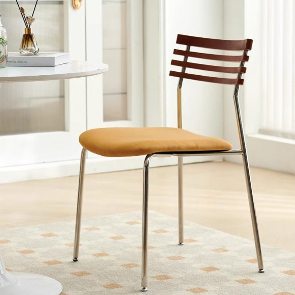 Contemporary Nordic Square Fabric Stainless Steel Legs Dining Chair Arc Solid Wood Backrest For Dining Room - Image 11